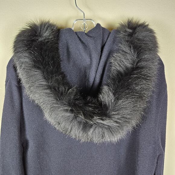 VTG St John Women Cashmere Cardigan Sweater Fox Fur Trim Hood Zip Jacket M Black - Picture 9 of 16